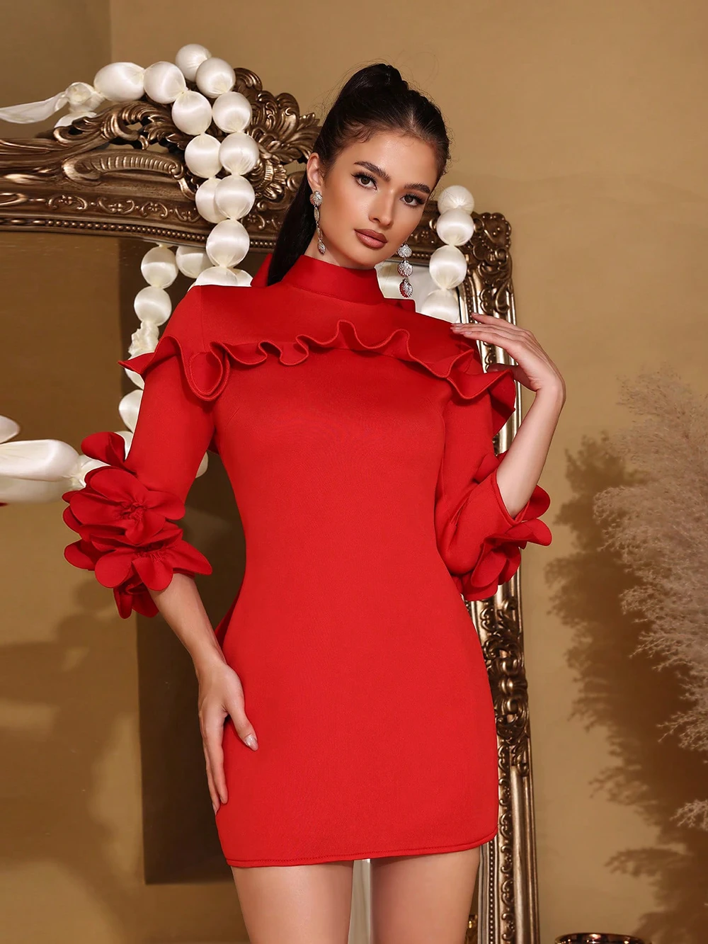 Modphy Spliced ​​Appliques 여성을위한 슬림 미니 드레스 스탠드 넥 3/4 슬리브 기질 드레스 여성