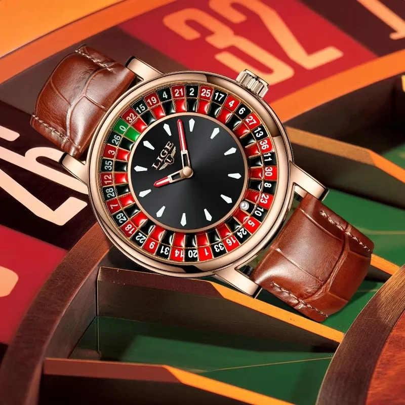 LIGE الروسية الروليت الهاتفي رجل ساعة الإبداعية الهاتفي عجلة رجل ساعات المعصم الأعمال الجلود مضيئة للتدوير محظوظ الكرة ووتش