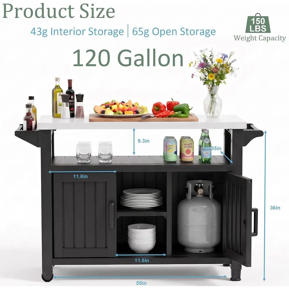 Portable Outdoor Bar Cart, Kitchen Island Storage with Stainless Steel Counter, Versatile Grill Table for Beverages, Snacks, and
