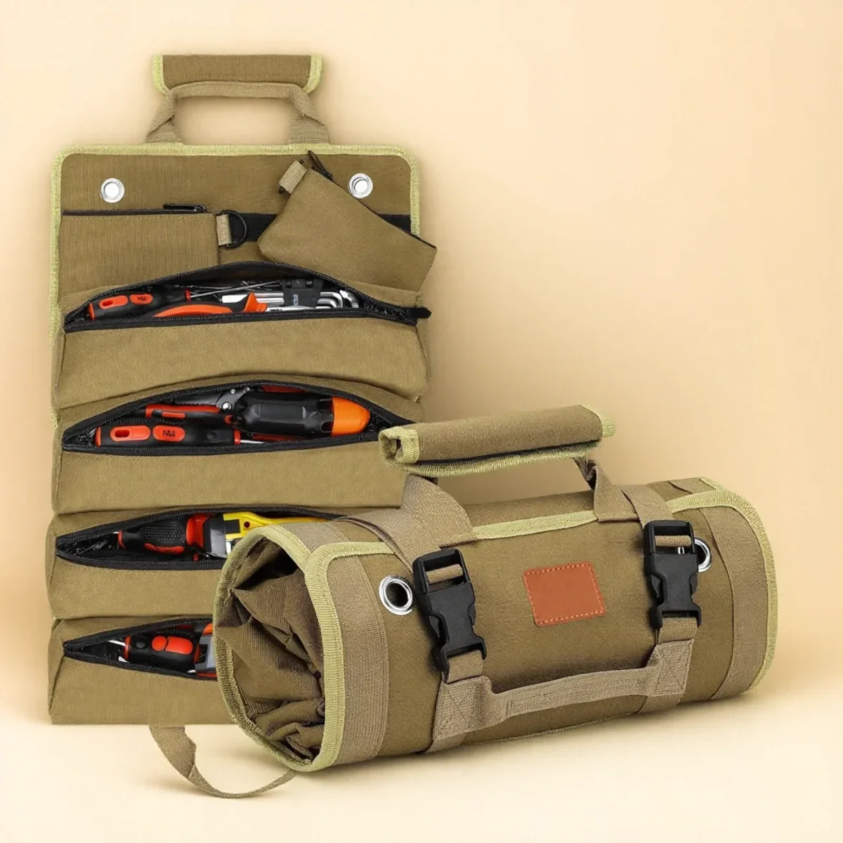Heavy Duty Roll Up Tool Bag Portable Tool Organizer with 2 Small Pouches for Mechanics Foldable Storage Solution