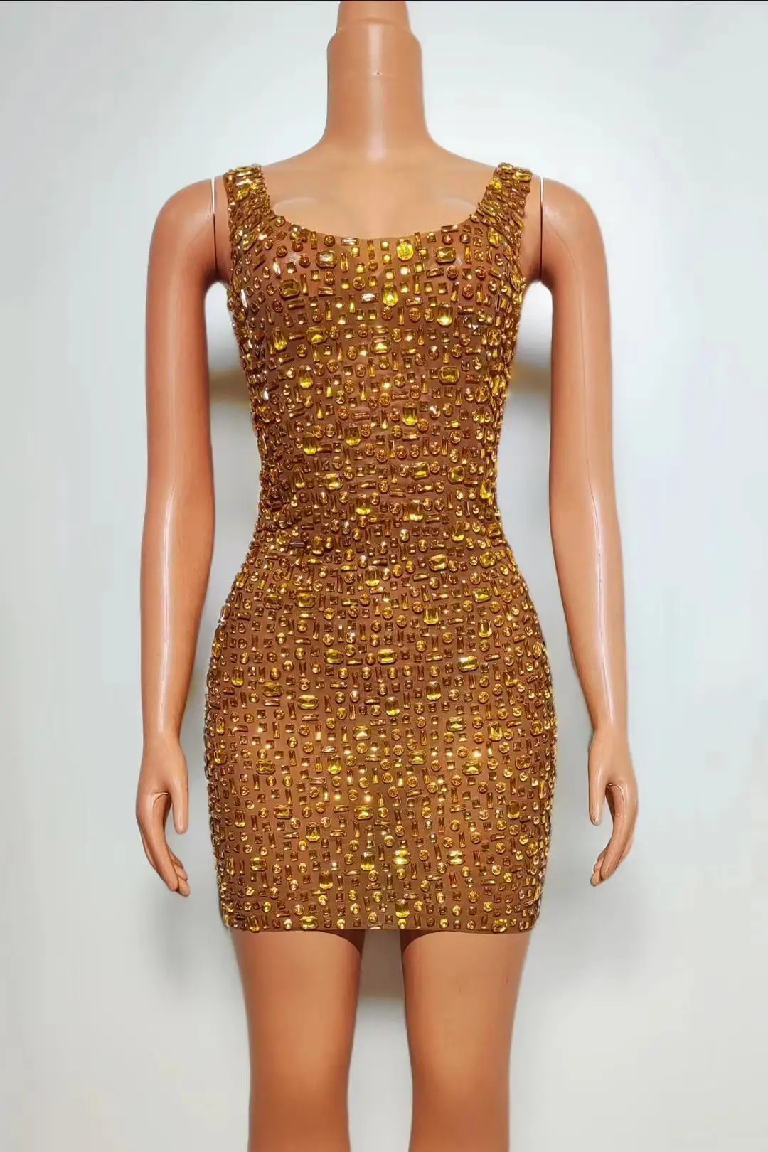 Fashion Backless Sleeveless Diamond Embellished Slim Mini Skirt Elegant Bodycon Mini Star Party Dress Stage Performance Costumes