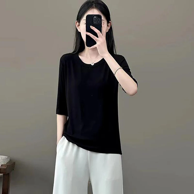 2024 Spring/Summer New Round Neck High Elasticity Shirt Girl's Fashionable Temperament Leisure Time