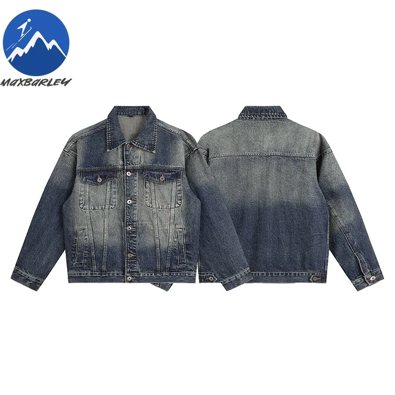 Maxbarley Denim Jacket Men American Street Spring Autumn Trendy Gradient Jackets Premium Man Motorcycle Casual Trend Garment
