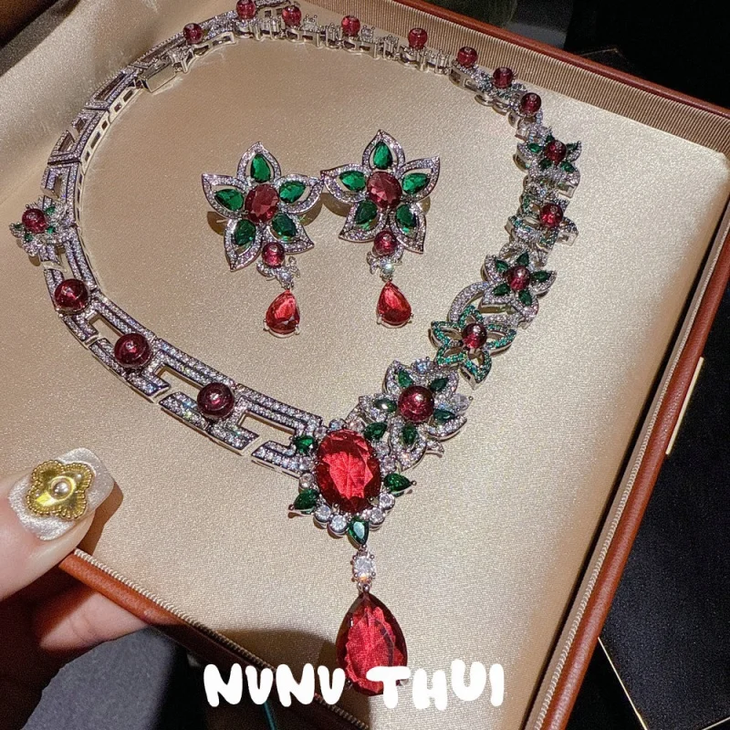 

NVNV ACC Court Iris Red Ruby Teardrop Necklace Haute Couture Evening Jewelry Flower Earring Set
