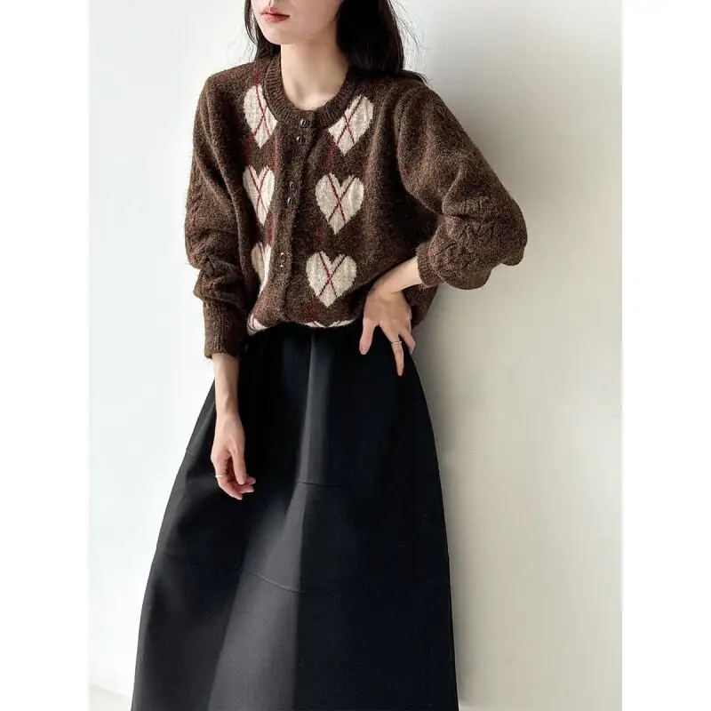 

Korean style Women's sweet college love Wool cardigan autumn spring new model color blocking age reduction knitwear Crew Neck