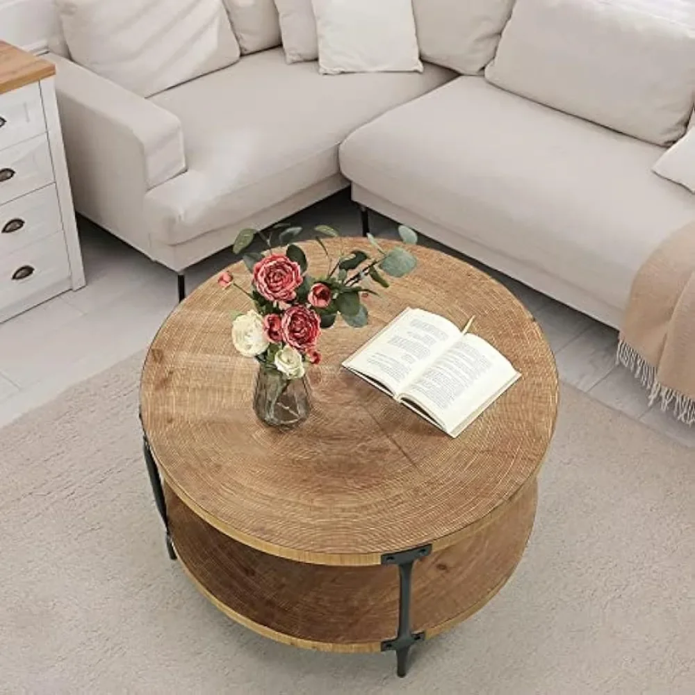 Round Boho Wood Coffee Table - 31.5" Farmhouse Natural Circle Wooden 2-Tier Coffee Tables Living Room Furniture Center Salon