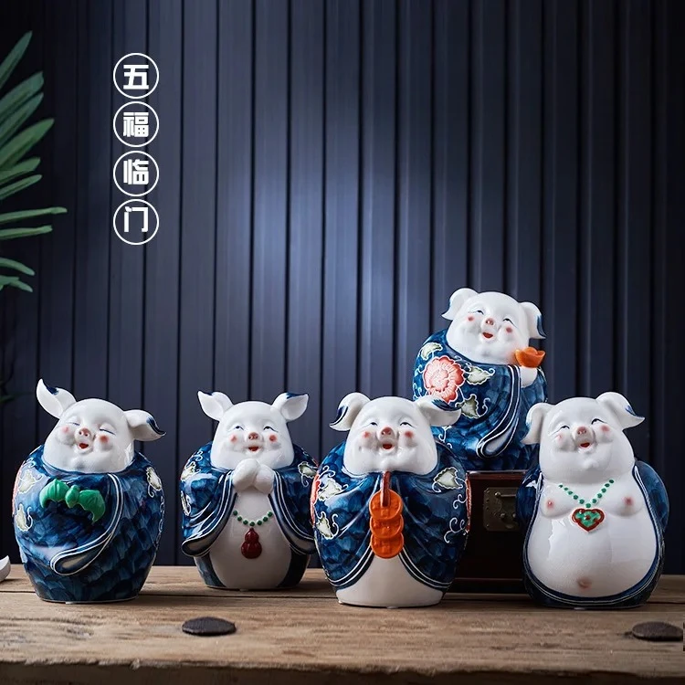 X-S  Ceramic decoration painted pig piggy bank national style retro five blessings Linmen series home ceramic ornament gift