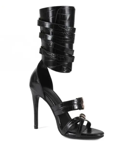 Sexy Black Leather Open Toe Cross Belt Buckle Strappy Sandals Hollow Ankle Wrap Stiletto Heels Fashion Party Stage Long Sandals view 3