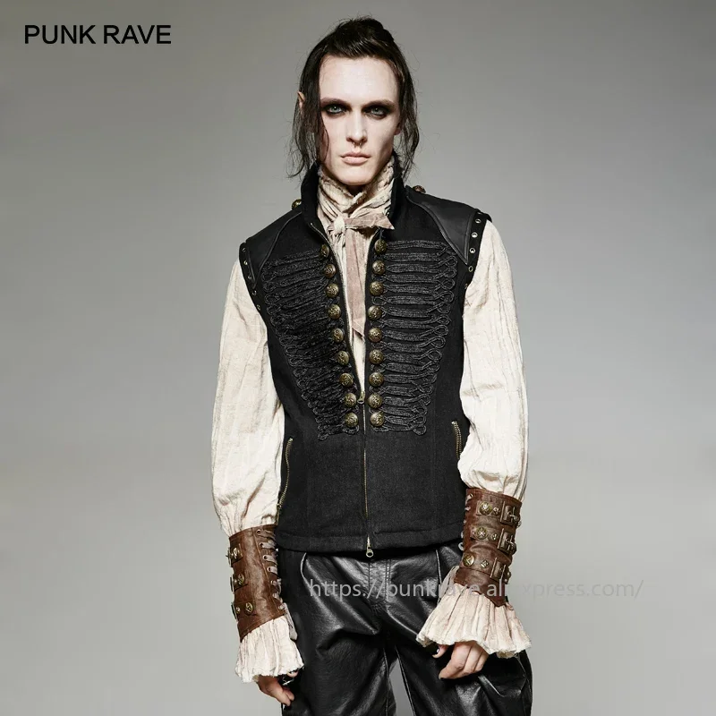 PUNK RAVE Men's Black Military Uniform Style Vest Dark Winter Rock Handsome Cool Waistcoat for Singers Stage Clothes