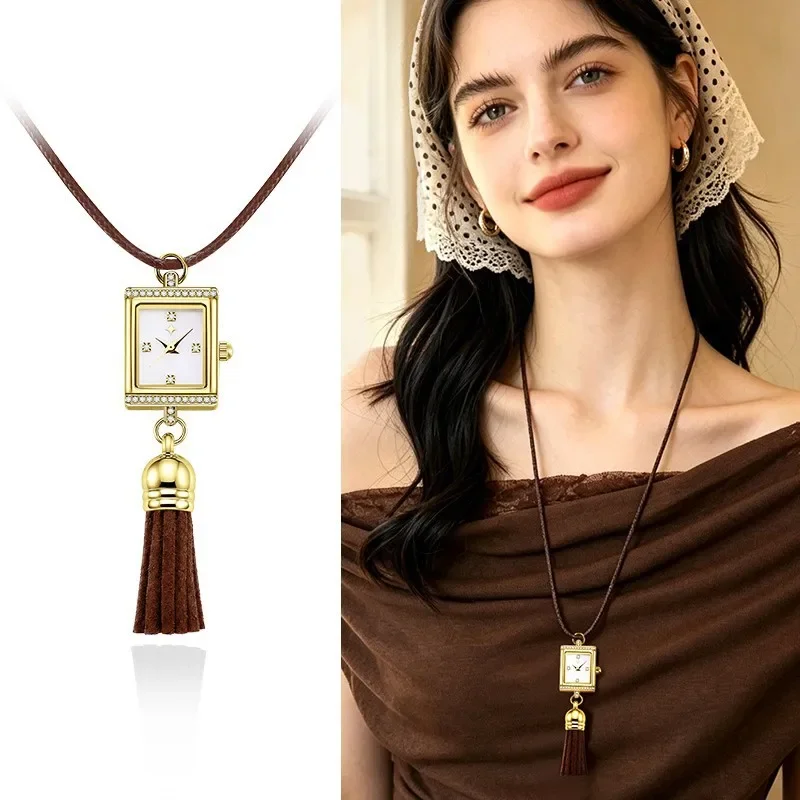 Women's Vintage Fashion Quartz Pocket Watch Necklace with Square Diamond Pendant Tassel Leather Chain - Dress Watch Jewelry