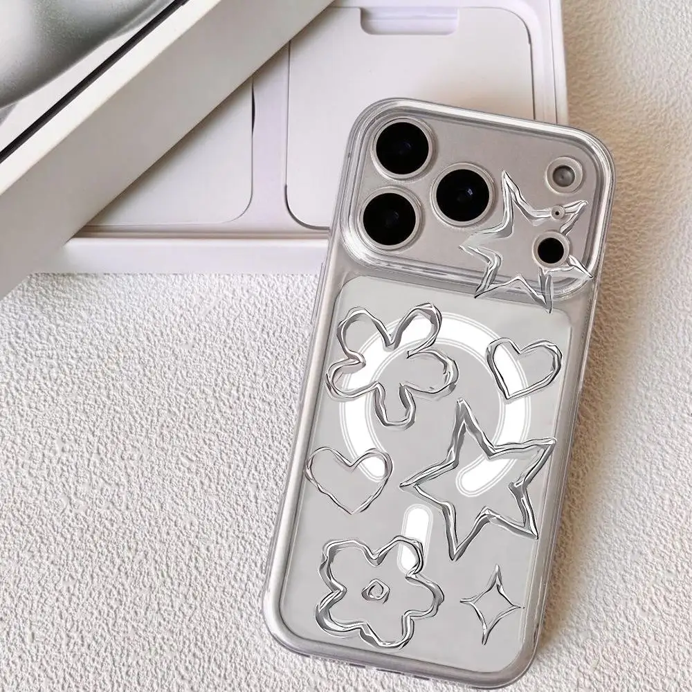 Silver Chrome Outline Shapes Phone Case For IPhone18 17 16 15 14 13 12 Pro Max Plus Magnetic Crystal Clear Case Wireless Charge