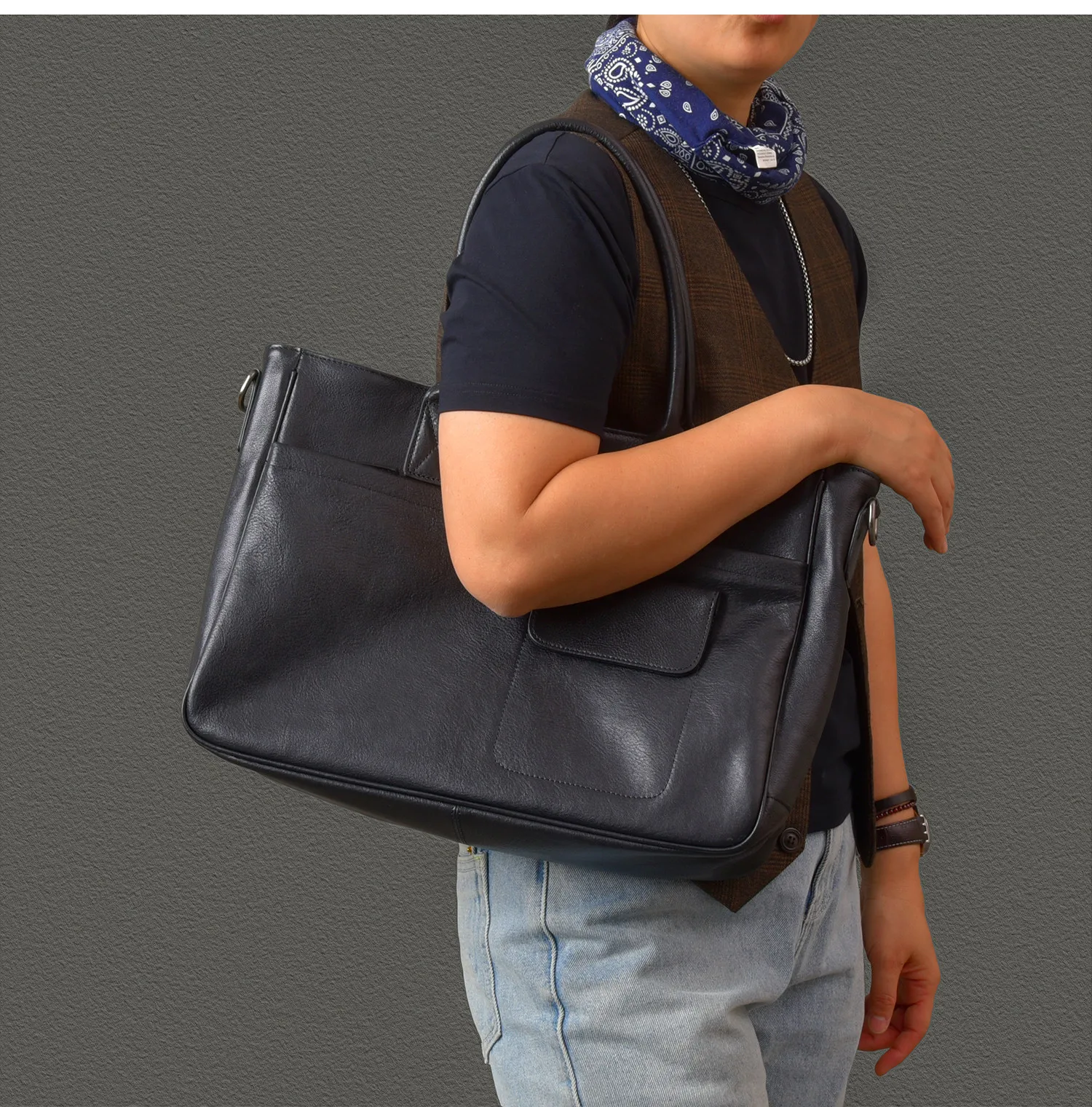 PNDME Vintage hochwertige Herren-Aktentasche aus Rindsleder der ersten Schicht, Business-Luxus-Handtasche aus echtem Leder, Messenger-Tasche – Detail 1
