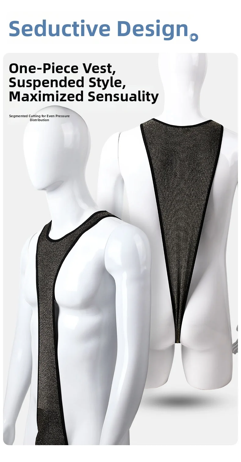 Summer Men One‑Piece Tank Bodysuit Ice Silk Hanging Design Super Elastic Breathable Solid Mesh Sexy Lingerie Male Underwear