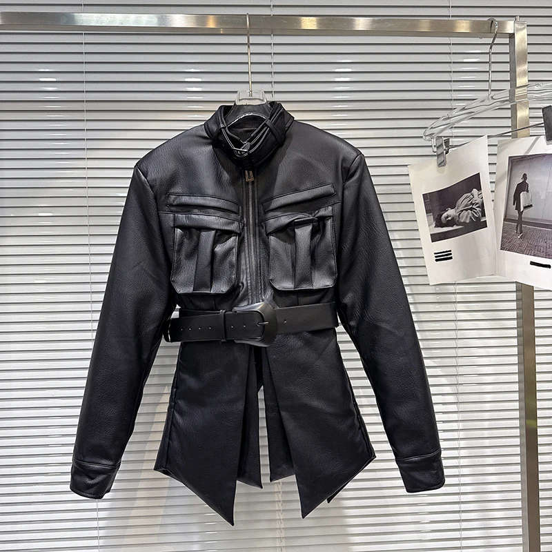 Chaqueta de algodón con cuello levantado y cinturón de PU para mujer, chaqueta cálida de longitud media, chaqueta acolchada con media cremallera, prendas de vestir Parker