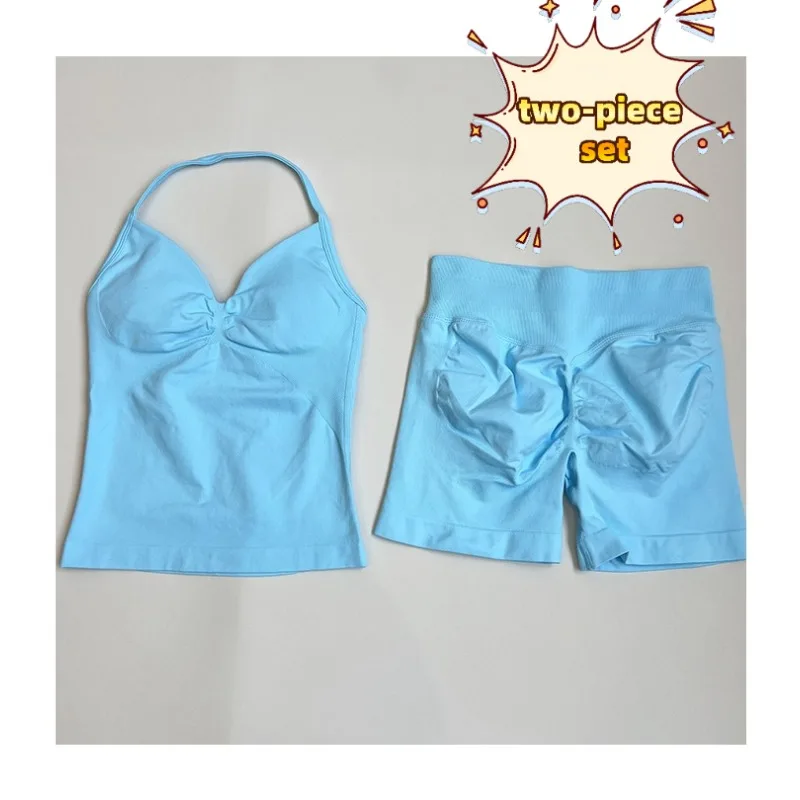 

2025 2-piece Set Summer Gym Sports Fitness Women's Neck Long Yoga Vest Hip Lift Shorts Comfortable Elastic Set of The Same Color