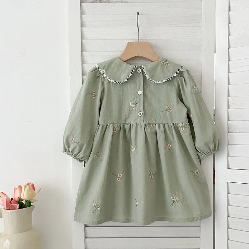 1-6Y Autumn New Girls Dress Fashion Cute Doll Neck Embroidered Flowers Dress Spring Children\'s Girls Long Sleeve Princess Dress