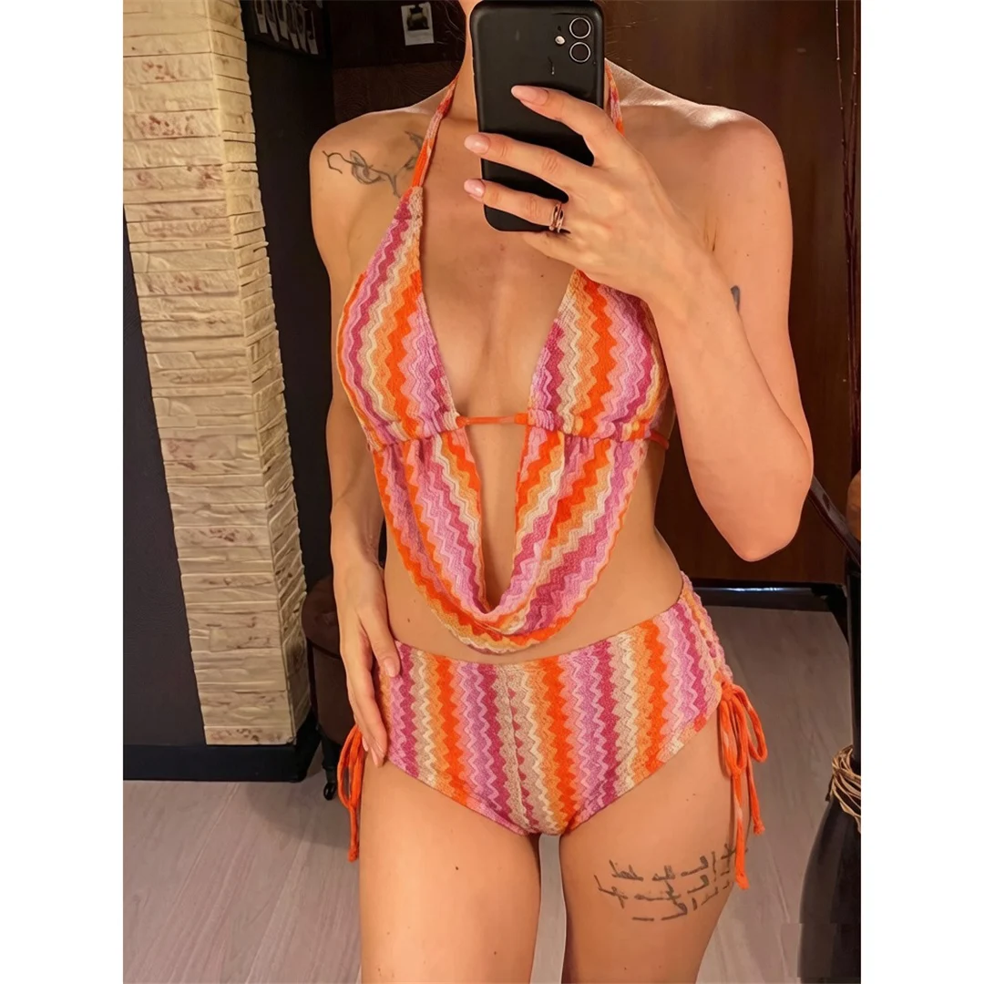 Gestreifter Tankini-Shorts-Bikini, Damen-Badeanzug, zweiteiliges Bikini-Set, gepolsterter Badeanzug, Badebekleidung, Modell V8344. – Detail 2