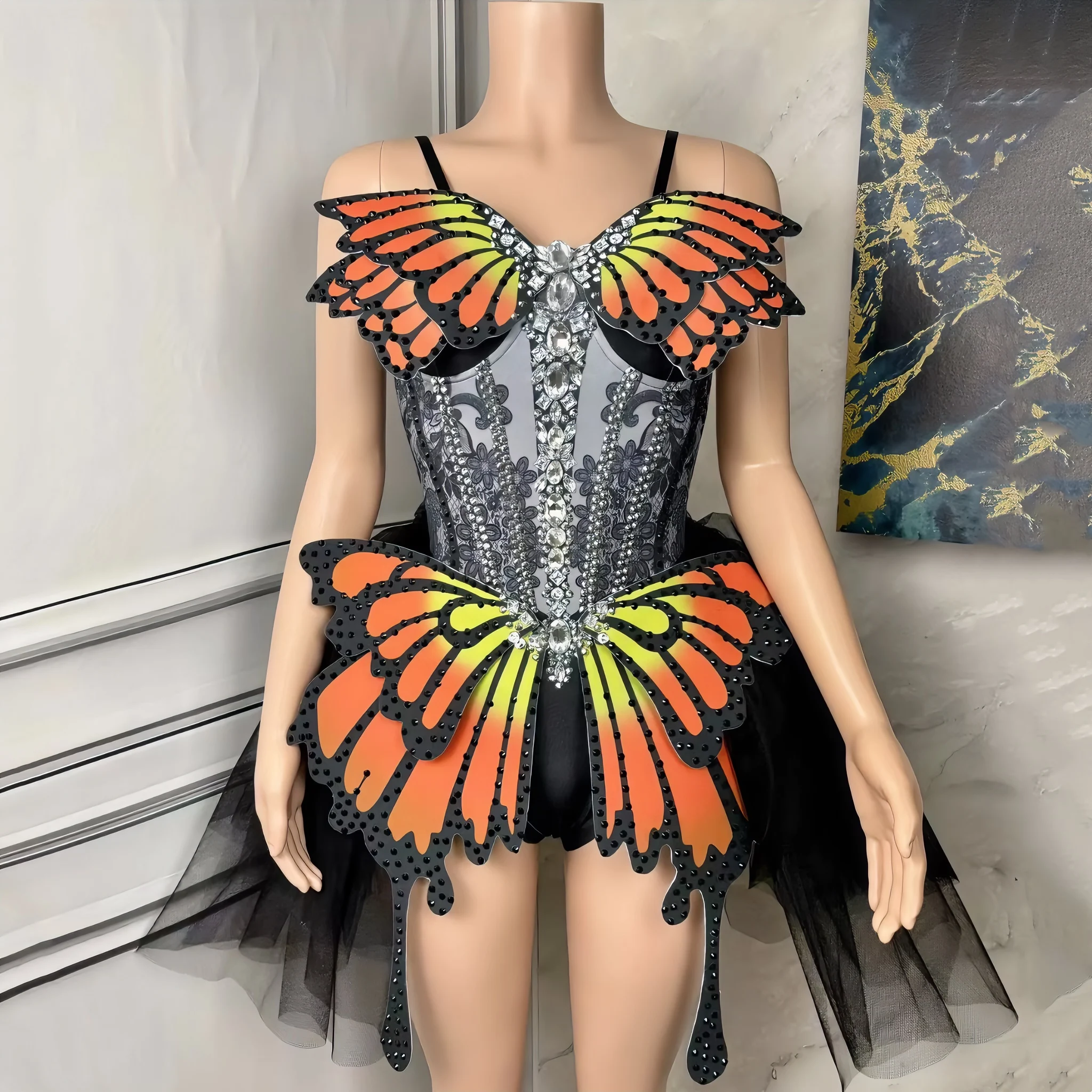 

Butterfly Appliques Splicing Mesh Sexy A-line Sheath Dress Evening Party Performance Costume Bar Nightclub Singer Stage Wear