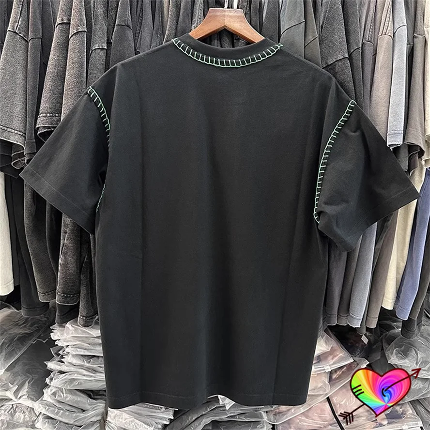 2024ss Green Stitching Details T-shirt Men Women Black Oversize Tee High Quality Cotton Tops Short Sleeve