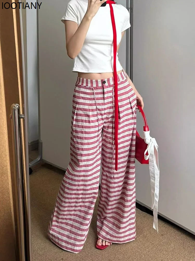 Sweet Girl Striped Lace-up Oversized Women's Pants Wide Leg Korean Style Fashion Straight Pants Loose Basic Casual Youth Summer