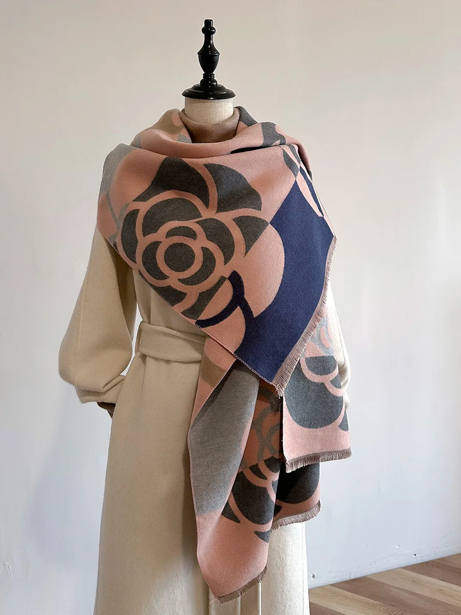 Versatile autumn and winter color blocking design, imitation cashmere scarf dual-purpose, extended and warm imitation wool shawl