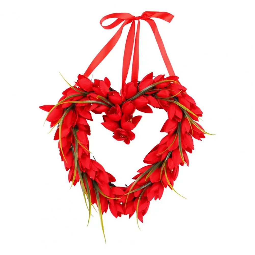 

Indoor Wreath Vibrant Red Tulip Wreath Love Heart Garland for Valentine's Day Realistic Looking Hanging Ornament with Creative