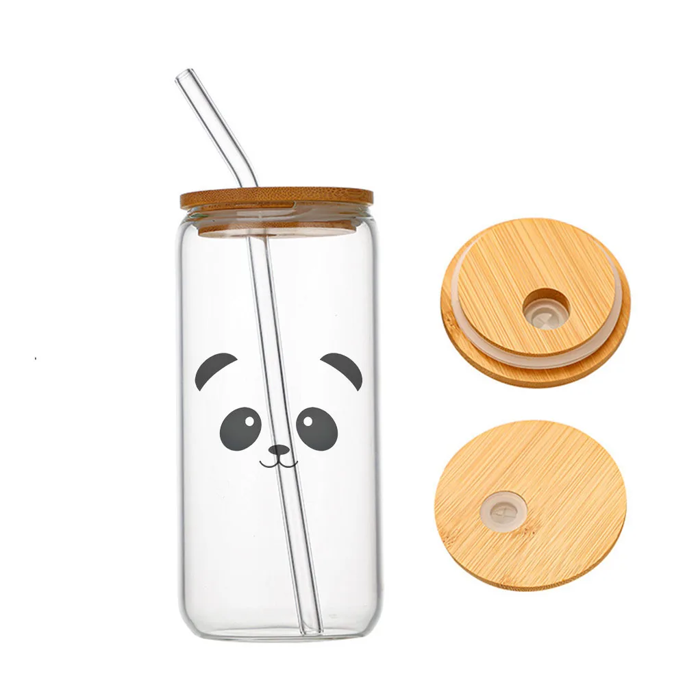 

Funny Panda Glass For Heat Resistant High Drinking Cup With Straws Lids 16 oz