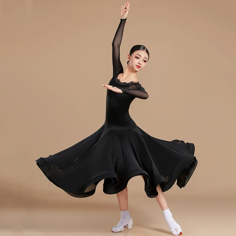 모던 댄스 드레스 어린이 소녀 전문 표준 댄스웨어 바디수트와 빅 스윙 스커트 댄스 공연 연습 의상
