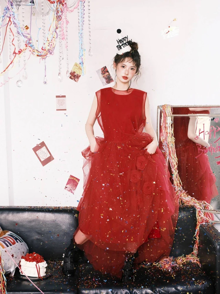 

2026 New Red Birthday Dress Sweet Art Photo Studio Korean Style Film Studio Photography Costume Women's Fashion Dress