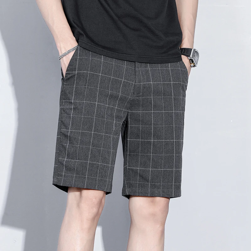 Sommer dünne karierte Streifen Shorts Männer Business knielange Hosen gerade Strand kurze Korea Mode graue Hose männliche Marke Kleidung