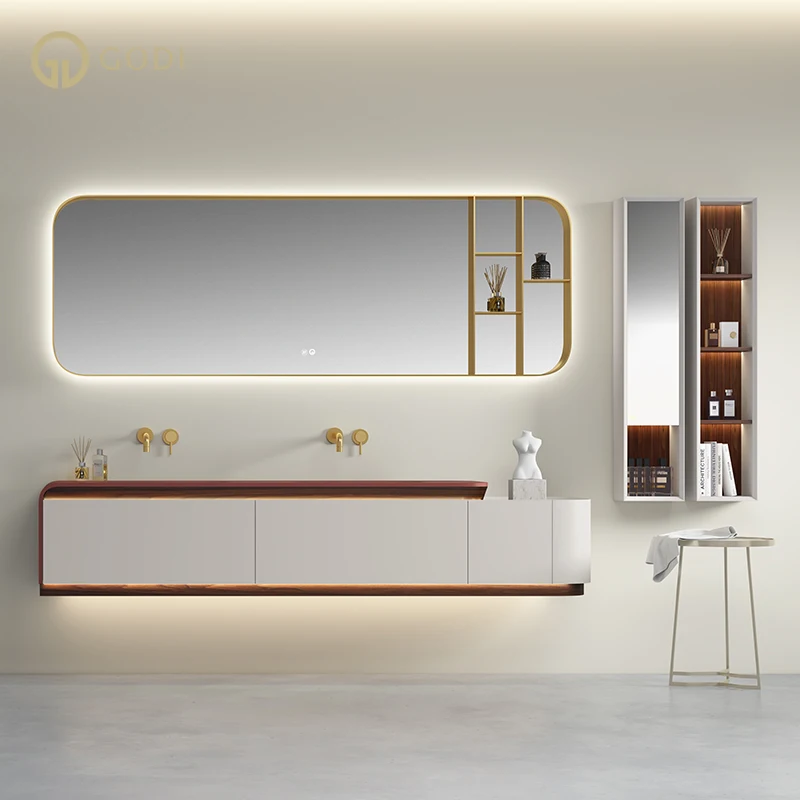 custom.GODI Euro Style High End Wall Mounted Bath Top Double Sink 72 Inches White and Bathroom Vanity Cabinet With Led  Mir