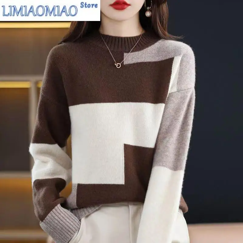 

Half High Collar Sweater Women Autumn and Winter New Korean All-match Versatile Temperament Contrast Color Loose Style Knitwear