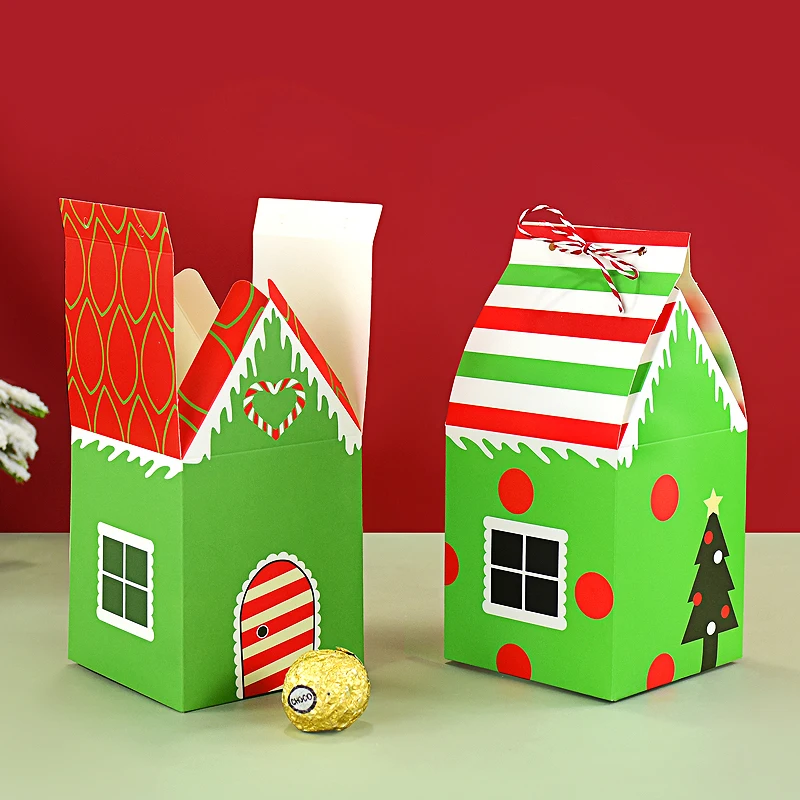 

12Pcs Christmas Green Candy Box Xmas Tree House Shaped Gift Boxes Snack Cookie Packaging Bags New Year Navidad Noel Party Decor