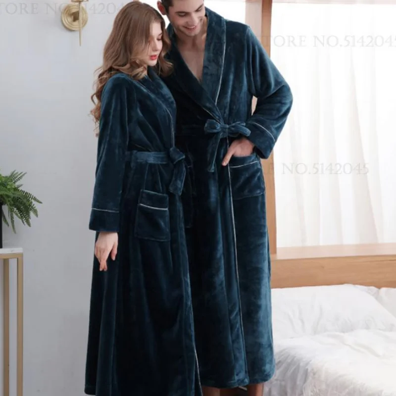 

Thick Flannel Coupllong Robe Kimono Bathrobe Gown Autumn Winter Warm Sleepwear Home Clothing Loose Coral Fleece Loungewear