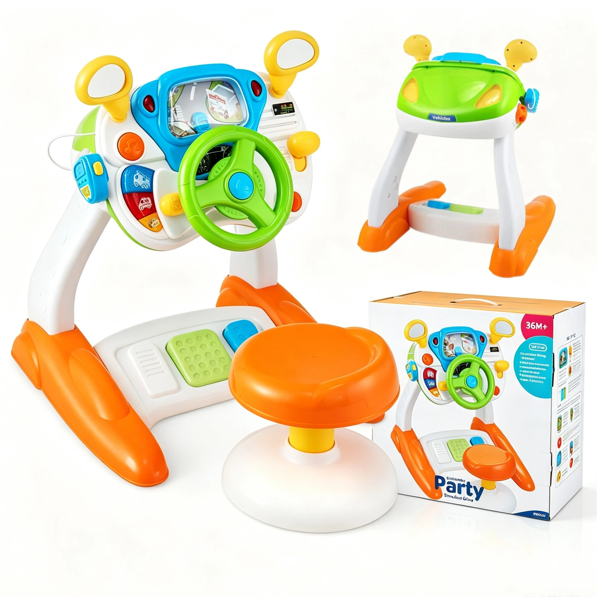 Simulated Driving Steering Wheel Playset with Lights, Music & Seat, Interactive Pretend Toy, Early Educational Gift for Toddlers