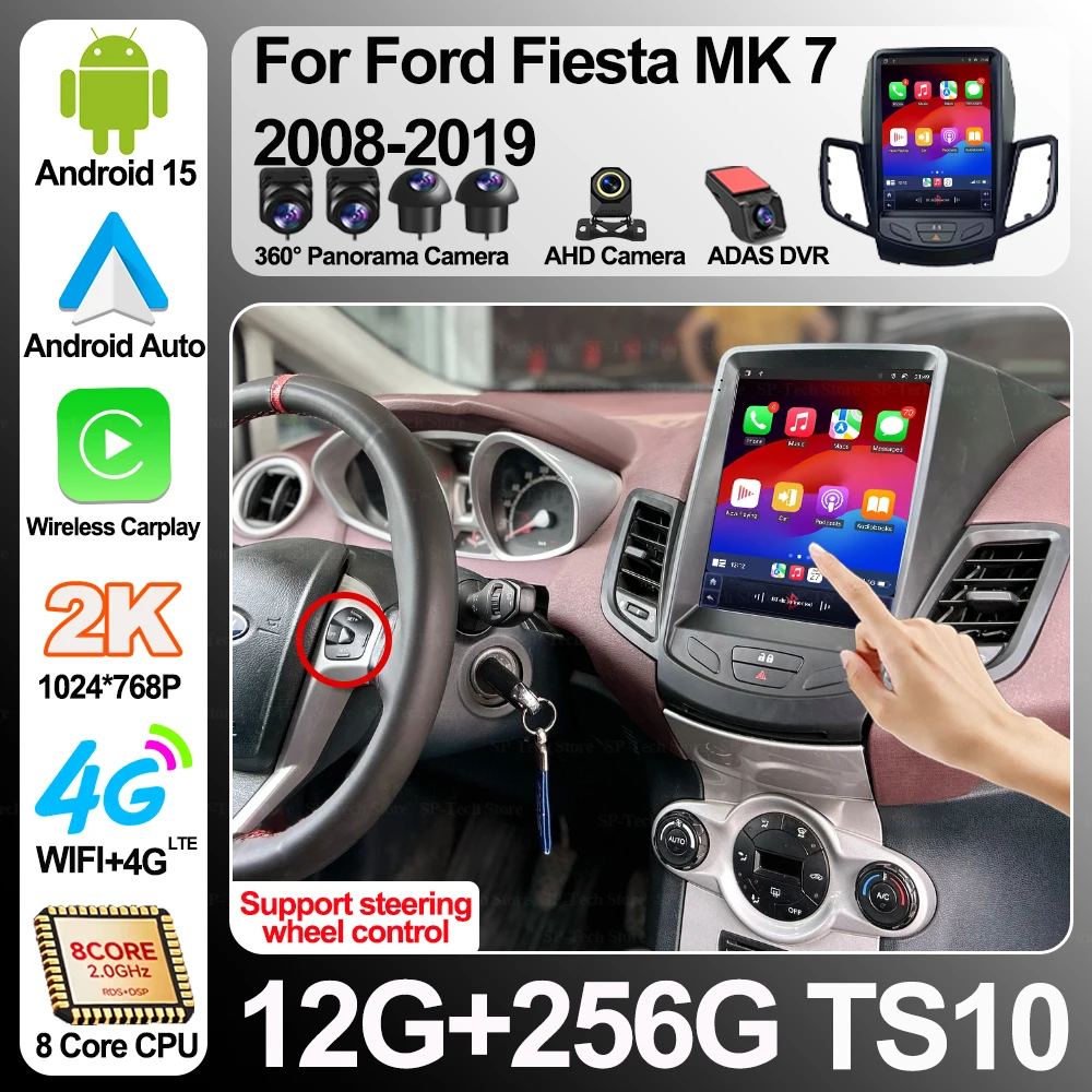 Rádio Multimídia Android 16 para Ford Fiesta Mk 7 2008-2019, Reprodutor de Vídeo, Navegação, Estéreo, Carplay Sem Fio, 2din, RDS, Wi-Fi 5G