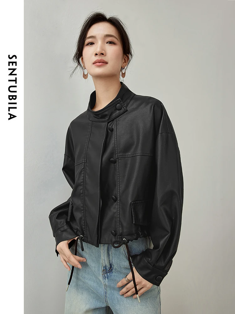 SENTUBILA Women Black Pu Leather Jackets   2024 Autumn Draw Rope Cropped Motorbike Jackets Cool Winter Outwear W43G56875