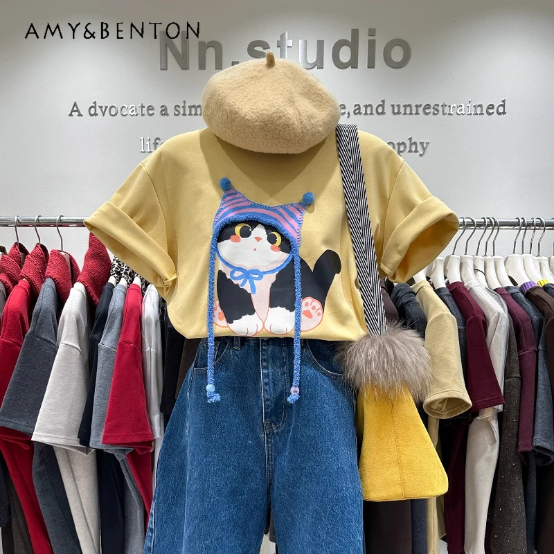 

Kawaii Cute Cat Print Loose Short Sleeves T-shirt For Women 2026 Early Spring New Mid-Length Half Sleeved Top Tshirts Pullover