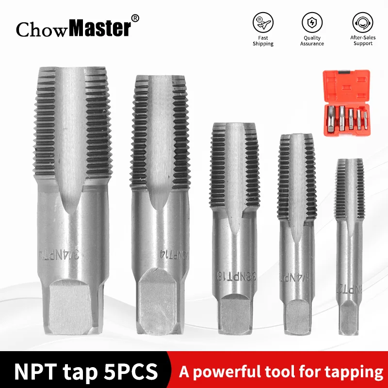 

Chowmaster 5PCS NPT Pipe Tap Set 3/4 1/2 3/8 1/4 1/8 Inch Size Carbon Steel Threading Plumbing NPT Tap Set with Storage Case