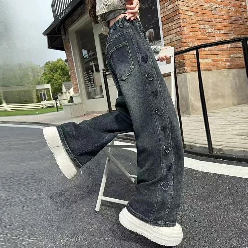 Girls Fleece Lined Jeans 2026 Autumn Winter Thick Warm Straight Denim Pants Kids Wide Leg Trousers Teen Bottoms