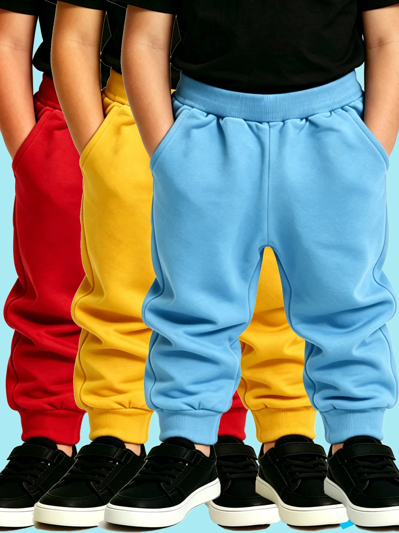 3PCS Boys Girls Solid Sweatpants Set Elastic Waist Joggers Casual Sports Pants Red Yellow SkyBlue Daily Wear Trousers with Pocke