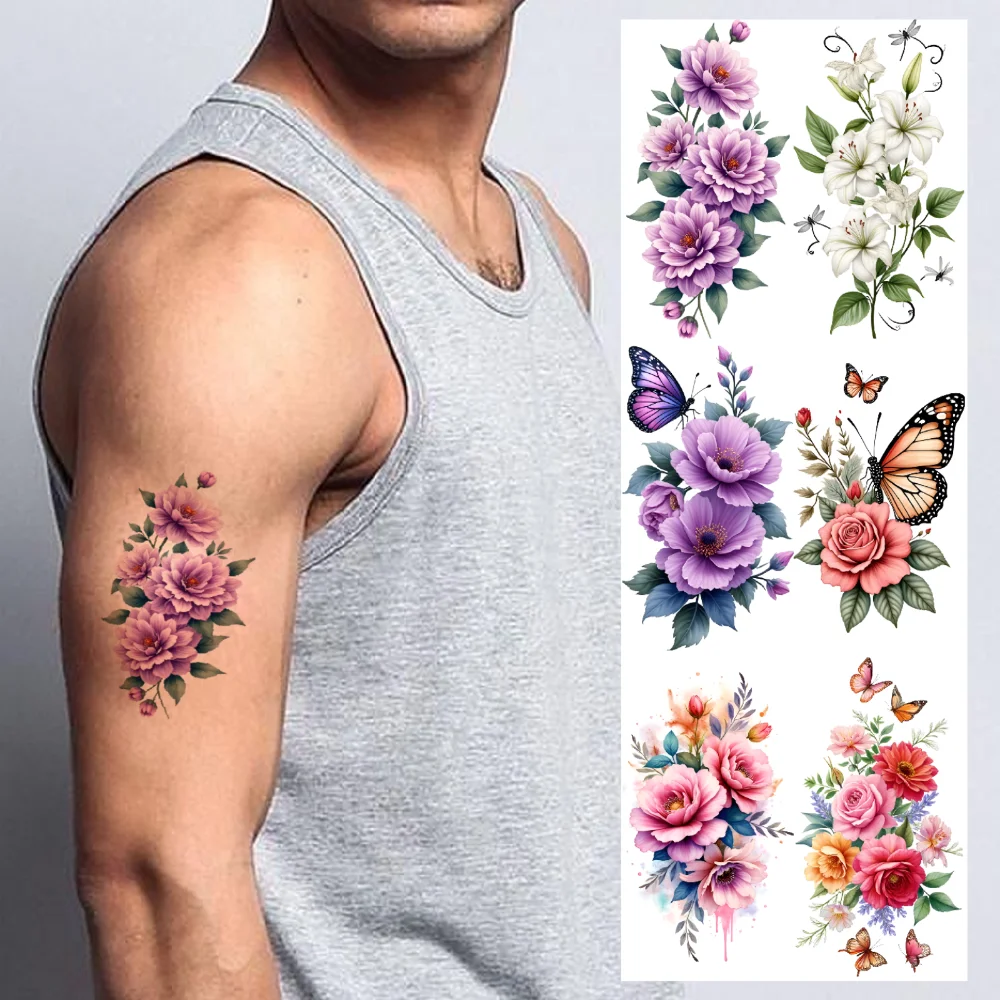 9pcs Temporary Tattoo Waterproof Long-lasting Body Stickers Wisteria Butterflies Hibiscus For Shoulders Thighs Back