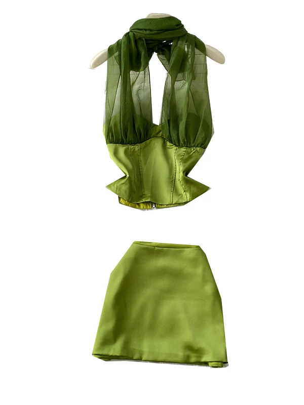 

Sexy Bal Me Splice Hanging Ne Vest ort Top + High Waist Slim Satin ort Skirt Two-Piece Set V-Ne Summer Faion