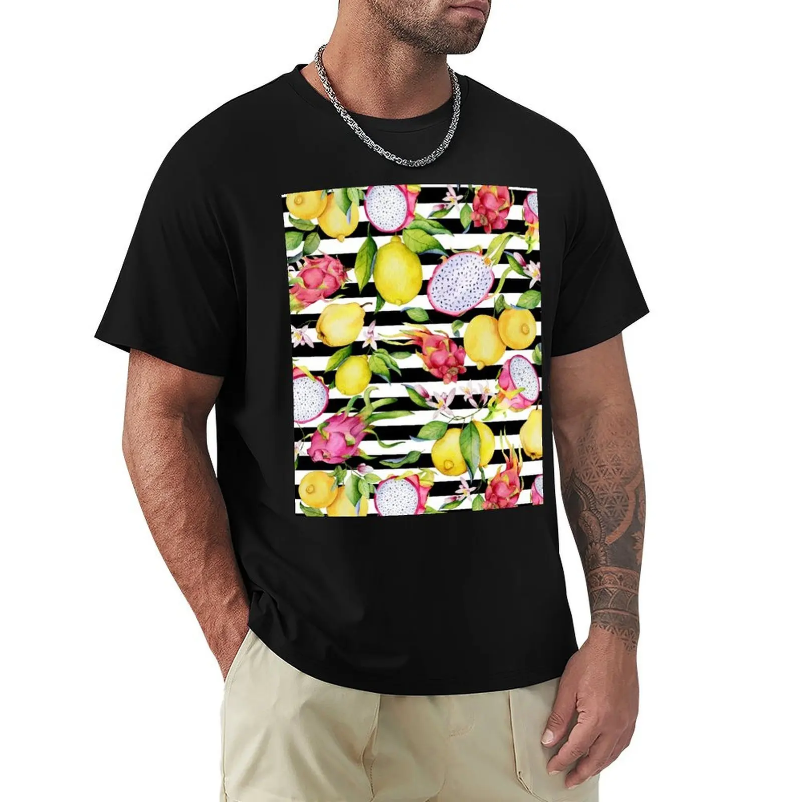 Tropical fruits and lemon flower watercolor pattern T-Shirt Big Size Simple T-Shirt