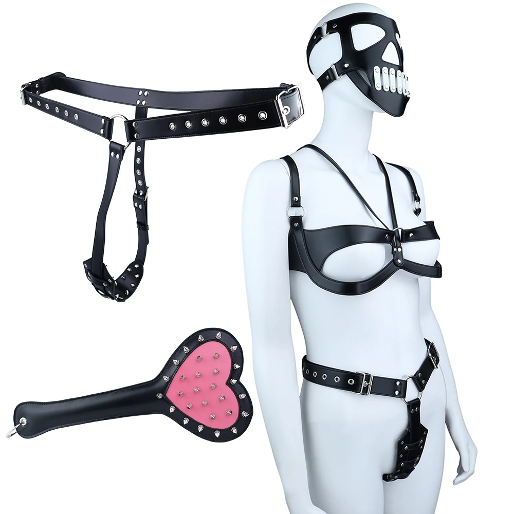 QKKQ Sex-Set für Paare: Flirt-Paddel mit Spikes, Mystery-Maske, BH mit Ausschnitten, Strap-On mit Spikes, Sexy Shop