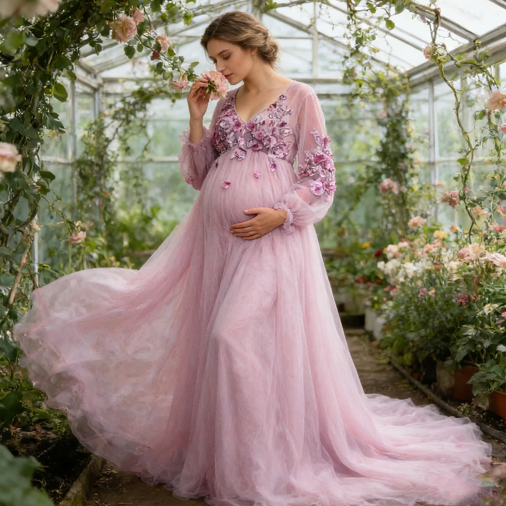 

Don&Judy Maternity Mauve Tulle Dress for Photoshoot Evening Party 3D Flowers Embroidery Wedding Dress
