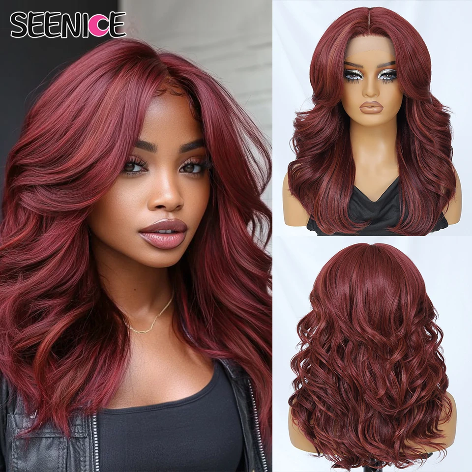 

Burgundy Body Wave Synthetic Lace Front Wig 18 Inch Wavy Layered T-Part Wig for Women with Baby Hair Ombre Red Brown Cosplay Wig