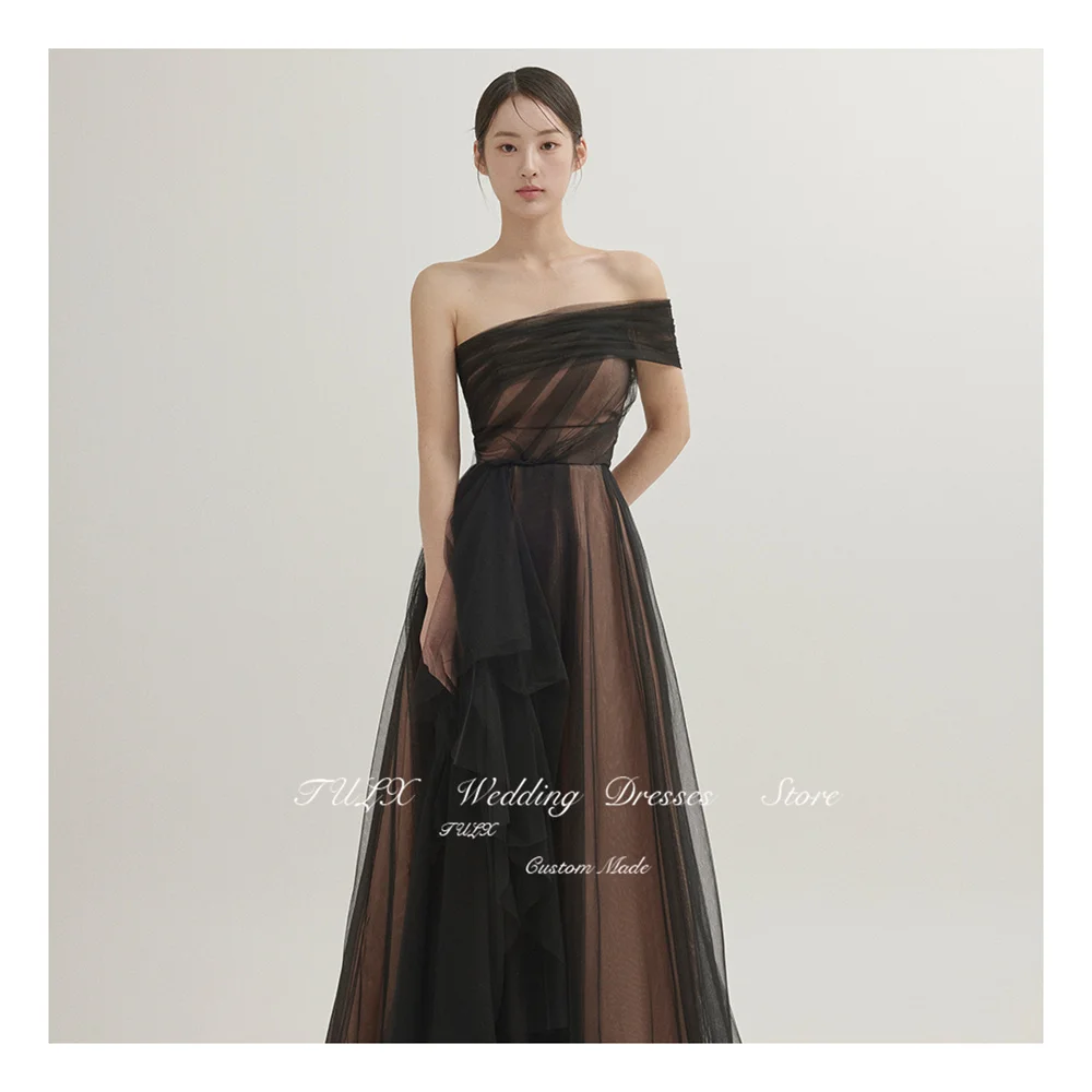 TULX One Shoulder Fairy Black Evening Dresses Wedding Photo shoot Tulle Korea Party Formal Prom Gowns Corset Back Floor Length