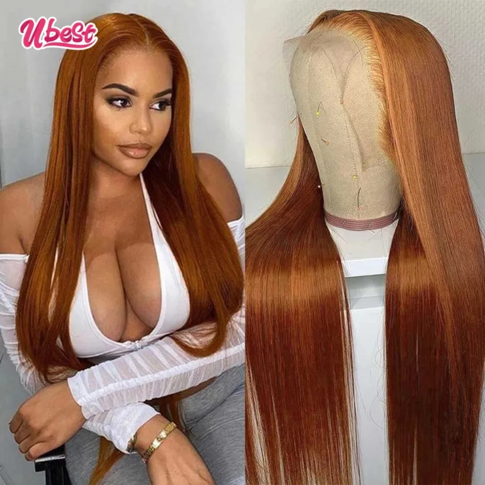 Ubest Ingwer blond gefärbt 13x6 gerade transparente Spitze Front Perücken 100% menschliches Haar 200% Dichte brasilia nisches Haar Remy Haar Perücken