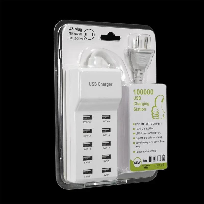 10 Port 10A US EU UK Plug Multiple Wall USB Charger Smart Adapter Mobile Phone Tablet Charging Device for IPhone Samsung